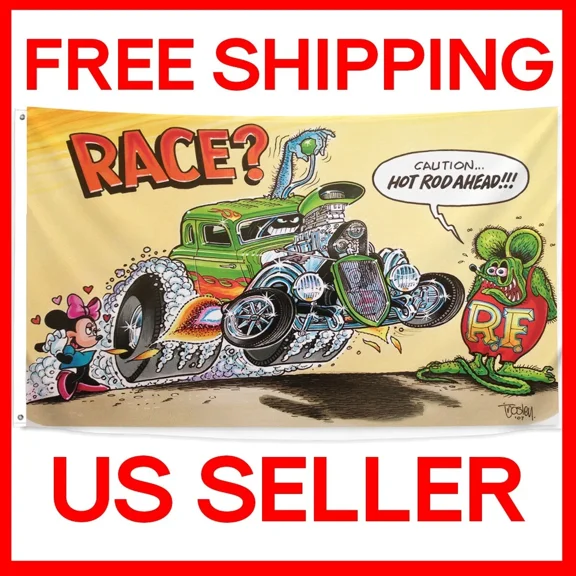 Rat Fink Flag Race? 3X5 Flag 3 X 5 Banner Caution Hot Rod Ahead Man Cave Flags
