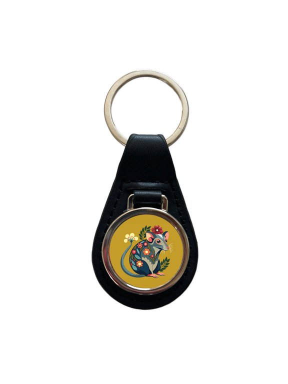 Rat Floral Flowers Metal Black Leather Keychain