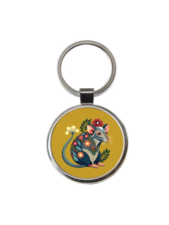 Rat Floral Flowers Metal Round Keychain