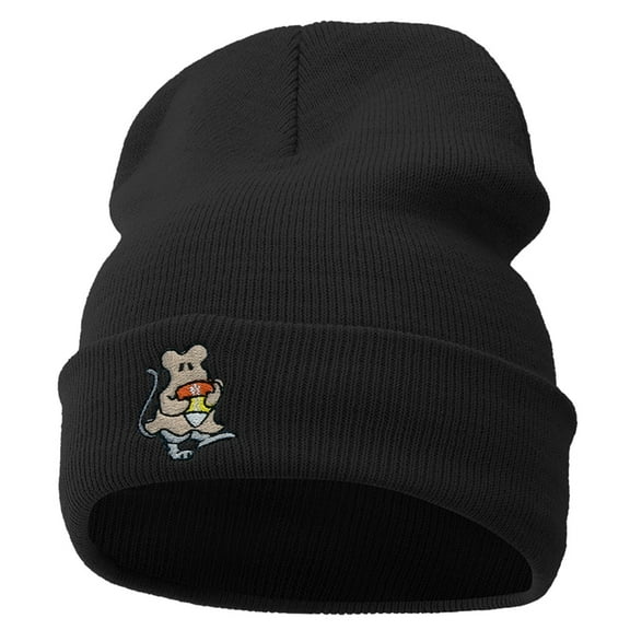 Rat Ghost Embroidered Knitted Long Beanie - Black OSFM