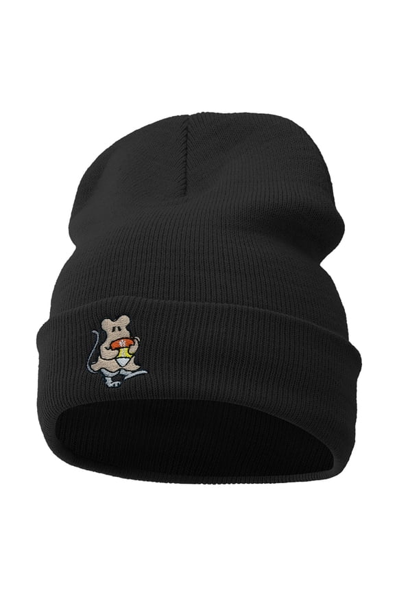 Rat Ghost Embroidered Knitted Long Beanie - Black OSFM