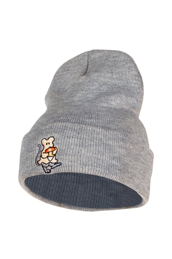 Rat Ghost Embroidered Knitted Long Beanie - Heather Grey OSFM