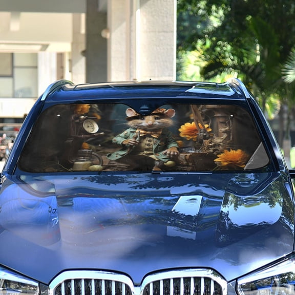 Rat Mouse Flowers Clock Automotive Front Car Windshield Sun Shade Reflector Foldable for Front Fit for Cars Truck SUVs