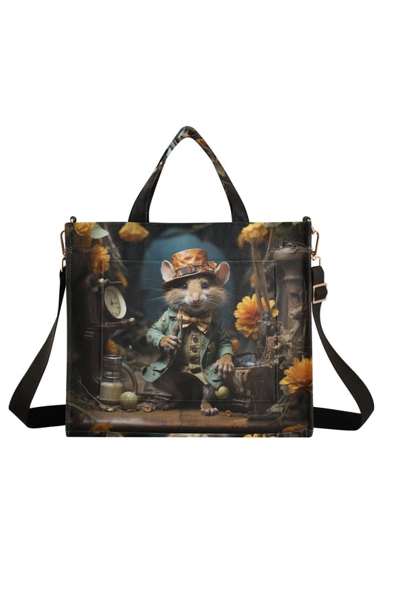 Rat Mouse Flowers Clock Corduroy Tote Bag Handbag Large Messenger Bag Shoulder Crossbody Zipper Bag Purse