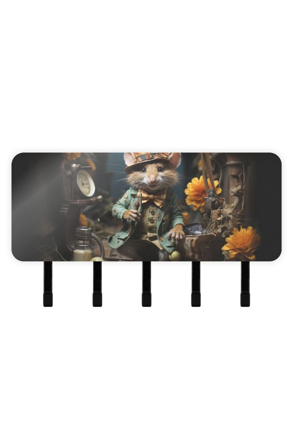 Rat Mouse Flowers Clock Mail Holder Organizer Wall Mount with Shelf Key Holder Key Rack with 5 Key Hooks for Wall Decorative