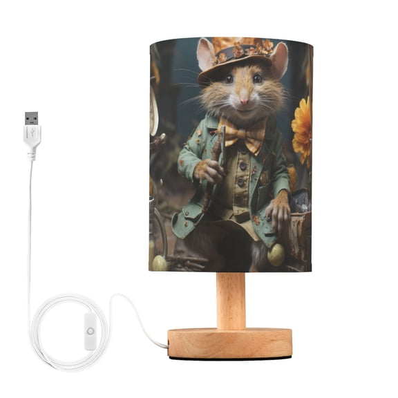Rat Mouse Flowers Clock Table Lamp USB Bedside Desk Nightstand Lamp Printed Gifts Small Lamp Wood Base for Bedroom Living Room Kids Room College Dorm