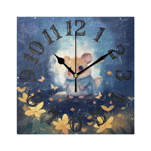 Rat Mouse Flowers Sky Wall Clock Square Silent Non Ticking Battery Operated Clock for Home Bathroom Kitchen Bedroom Living Room