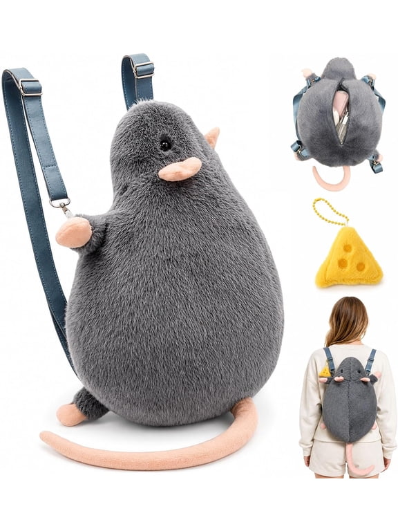 Rat Purse Backpack Furry Fluffy Animal Shaped Bag with Tail (1PC) | Soft Plush Mouse Backpack,Novelty Fun Silly Backpacks, Rat-Shaped Bag