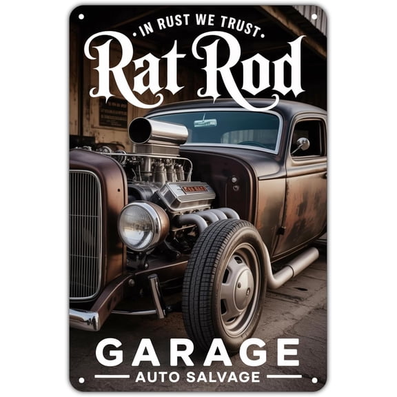 Rat Rod Garage Auto Salvage Rat Rod Car tin sign Vintage Hot Rod Metal Sign Print Aesthetic for Garden Yard Bar Porch Home Bedroom Kitchen Wall Decor Decor Gift 8 x 12 inch