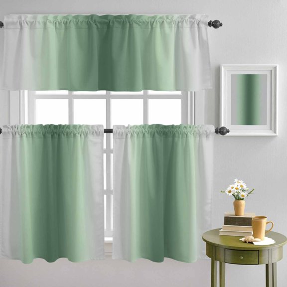Rat Tail Green Gray Gradual Curtain Tier and Valance Set 3 Piece, Abstract Art 3-inch Rod Pocket Window Tier Curtains Valance for Kitchen Living Room