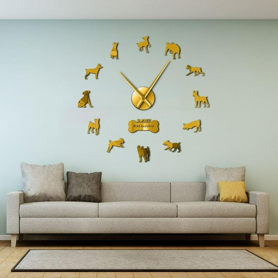 Rat Terrier Breed Silhouettes Mirror Wall Art Stickers DIY Big Wall Clocks Feist Dog Pet Puppy Frameless Hanging Wall Watch Clock(Gold,27inch)