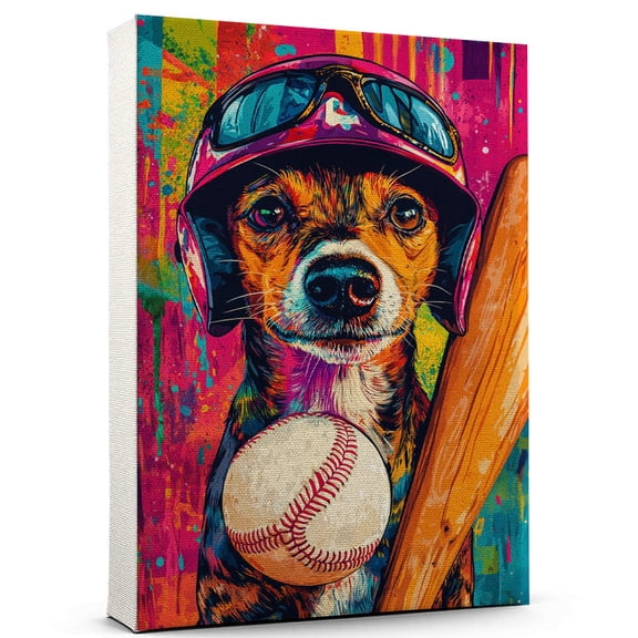 Rat Terrier Dog Canvas Baseball Canvas Cute Rat Terrier Canvas Wall Art of Puppy Playing Baseball, Perfect for Dog and Sports Fans
