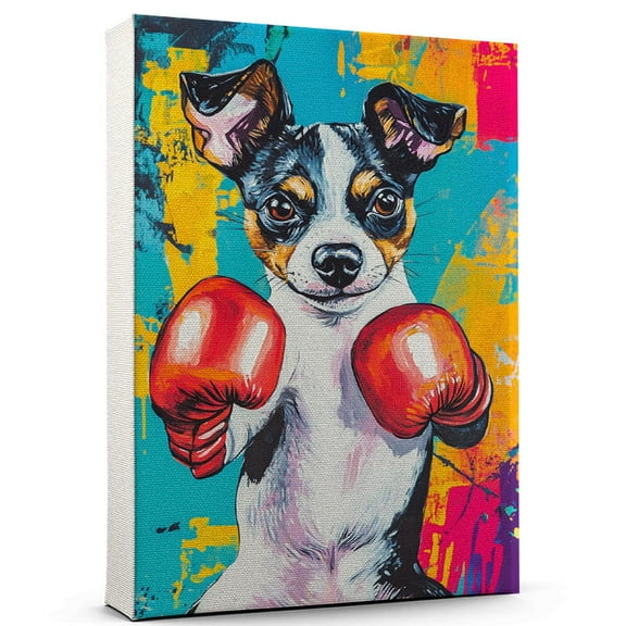 Rat Terrier Dog Canvas Boxing Canvas Cute Rat Terrier Canvas Wall Art of Puppy Playing Boxing, Perfect for Dog and Sports Fans