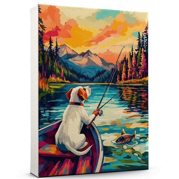 Rat Terrier Dog Fishing Canvas Funny Rat Terrier Dog Playing Fishing Canvas Wall Art for Sports Lovers, Pet Lovers, Home Decor