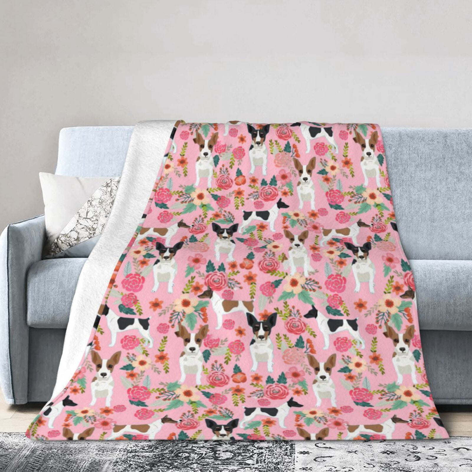 Rat Terrier Dog Floral Flower Blanket Gifts For Kids Adults - Lightweight Throw Blanket For Bedroom Living Room Decor Soft Fuzzy Fleece Cozy Plush Bed Couch 50"X40"