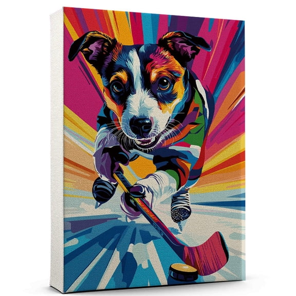 Rat Terrier Dog Playing Ice Hockey Stretched Canvas Size 8x12 – Vintage Style Rat Terrier Dog Art for Ice Hockey Fans, Great Gift for Dog Owners