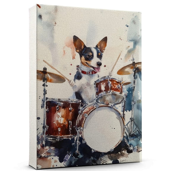 Rat Terrier Dog Stretched Canvas Size 8x12 – Drum Kit Theme Dog Art for Wall, Rat Terrier Dog Playing Drum Kit Wall Art, Dog Lover Canvas Decor