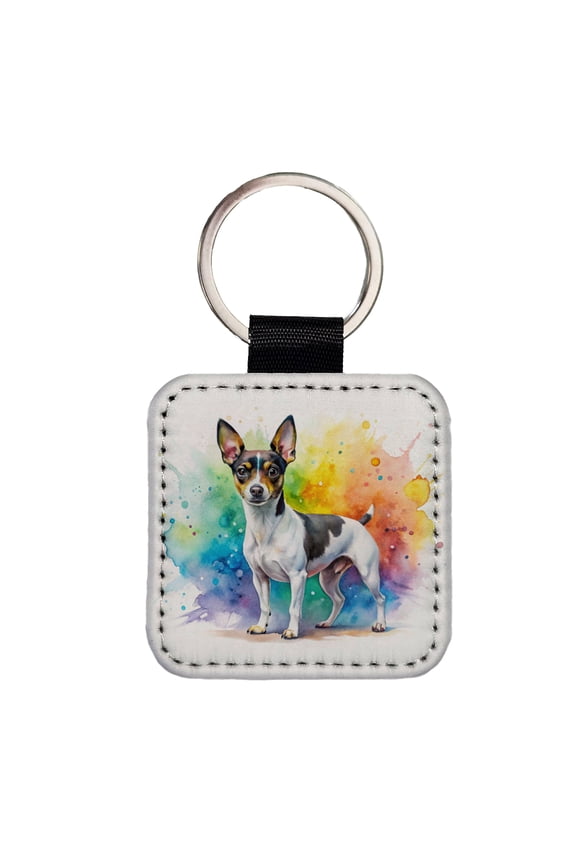 Rat Terrier Dog Watercolor Style Faux Leather Square Keychain