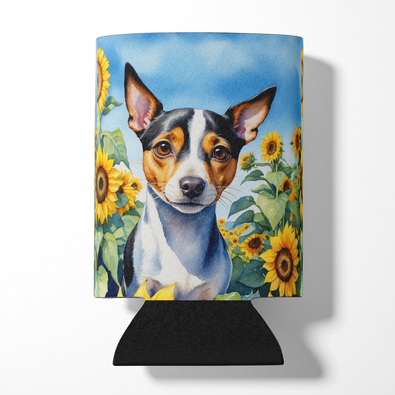 Rat Terrier in Sunflowers Can or Bottle Hugger 3 in x 5 in