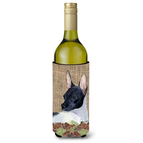 Rat Terrier on Faux Burlap with Pine Cones Wine Bottle Hugger