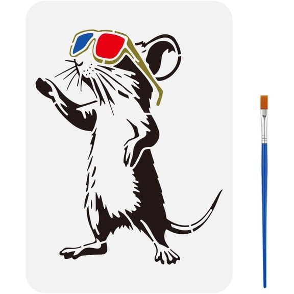 Rat Wearing Glasses Stencil with Brush 8.3x11.7inch Reusable Banksy Mouse Template Plastic PET Mouse Wears 3D Glasses Stencil Hollowed Banksy Theme Template for Wall Floor Decoration