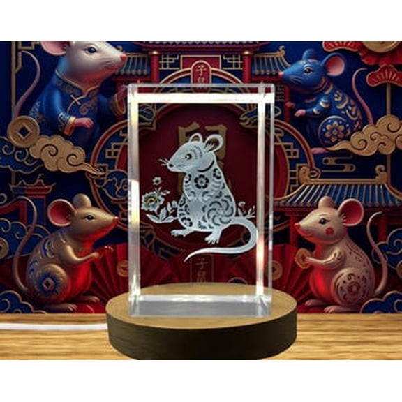 Rat Zodiac Recognition Trophy Award | 3D Engraved Crystal with LED Base