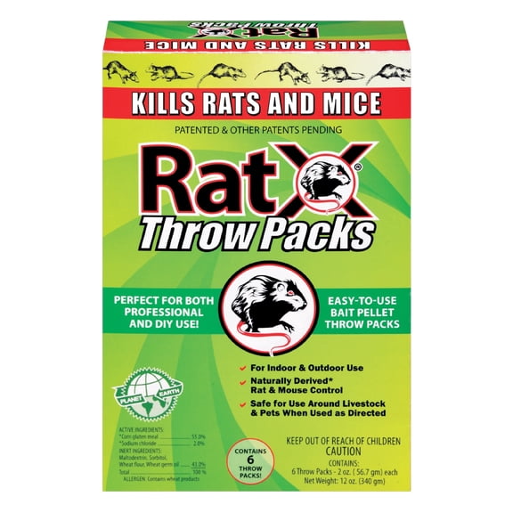 RatX Rodent Control Bait Pellet Throw Packs for Rats & Mice – Poison Free, Pet Safe | Indoor & Outdoor Use Pellets |6 Throw Packs - 620103