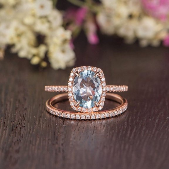 Ratan Gems Halo Blue Aquamarine Engagement & Wedding Ring Set, 4.8 ct, Rose Gold-Plated, 2 Pieces
