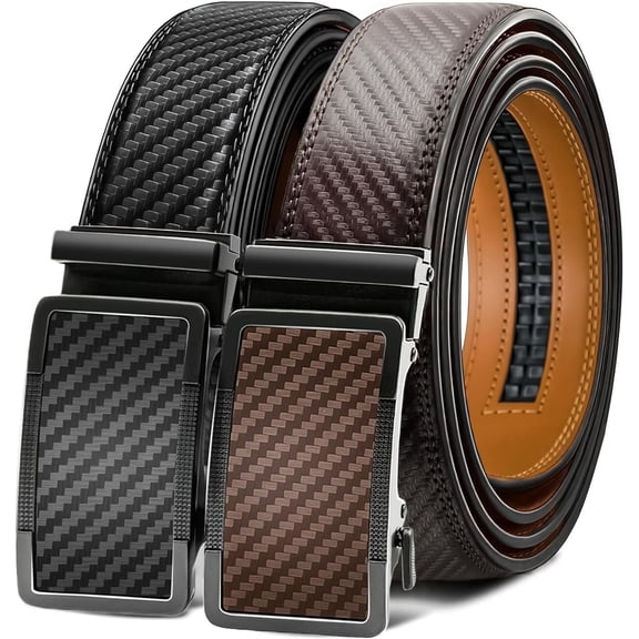 Ratchet Belts for Men - 2 Pack Leather Belts for Men, Easy to Slide Adjustable, Trim to Fit, Dress&Casual (1 3/8")