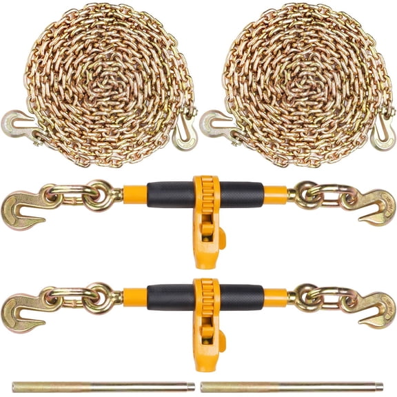 2 Pack Ratchet Chain Binder Set with G80 Chains, 3/8 in to 1/2 in Heavy Duty Load Binders, 12000 lb Working Load Limit, Anti-Slip Handle for Flatbed Trailer Truck Cargo Securement and Hauling