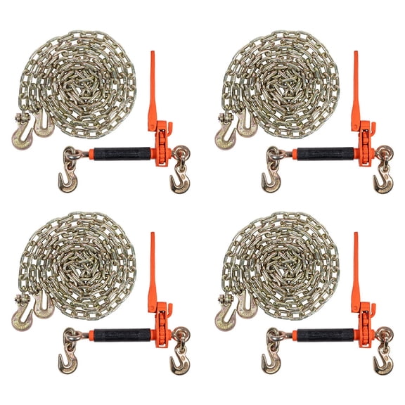 Ratchet Chain Binder Kit – 4 PK 5/16"-3/8" Quick Ratchet Folding Load Binder with Grab Hook 7100 lbs WLL & 4 PK 5/16" x 16' G70 Transport Tow Chain 4,700 lbs WLL Tie Down for Hauling