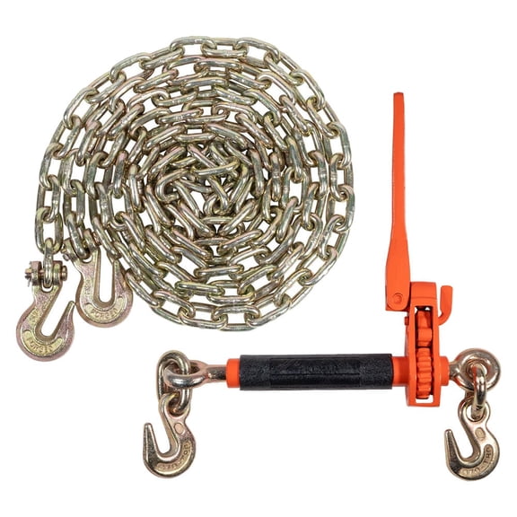 Ratchet Chain Binder Kit – 5/16"-3/8" Quick Ratchet Folding Load Binder with Grab Hooks 7,100 lbs WLL & 5/16" x 20' G70 Transport Tow Chain 4,700 lbs WLL, Tie Down for Hauling, Towing