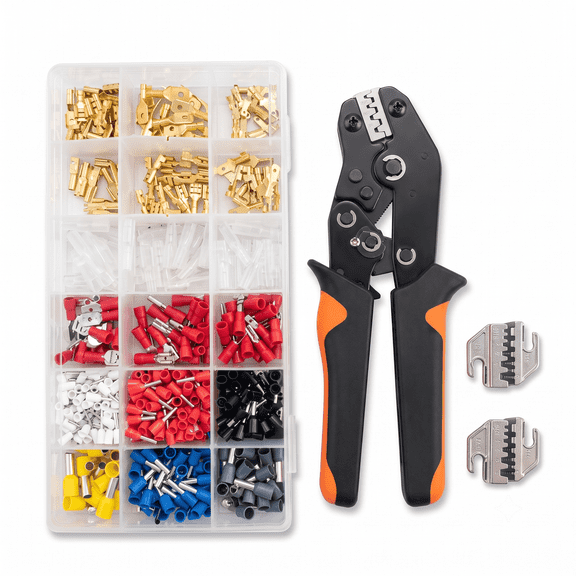 Ratchet Crimping Tool Set (includes interchangeable jaws and over 718 terminals) — Professional cold-crimp tool set for spade and ring terminals.