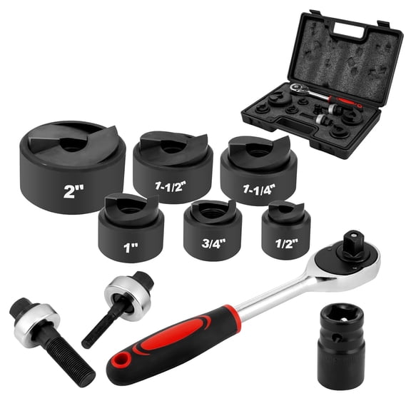 Ratchet Knockout Punch Set, 6 Dies 1/2" to 2" Manual KO Tool Kit for Electrical Conduit, Hole Cutter Driver with Wrench & Accessories in Carry Case
