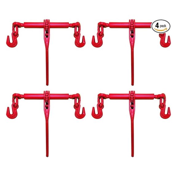 Ratchet Load Binder 4 Pack - 5/16 x 3/8 Inch - 5400 LBS WLL - Heavy Duty Alloy Steel with Zinc & Red Powder Coat Finish - Truck & Flatbed Trailer Securement
