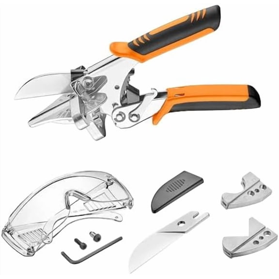 Ratchet Miter Shears,Quarter Round Cutting Tool,45-135 Adjustable Multi-Angle Miter Shear Trim Cutter Hand Tool for PVC & Soft Wood,Includes 3 Anvils & Replaceable Blade & Safety Glasses