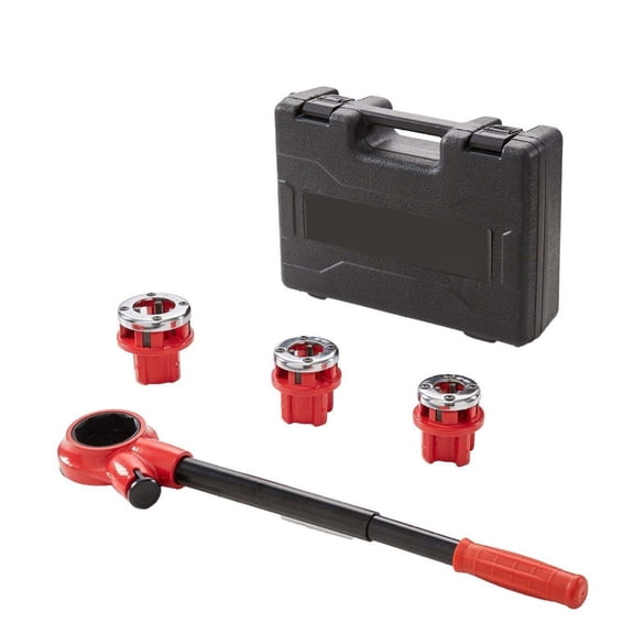 Ratchet Pipe Threader Kit 1/2" 3/4" 1" NPT - Manual Pipe Threading Tool Set, 3 Dies for Iron, Copper, Aluminum Galvanized Pipes - Portable Threader for Plumbing & Construction