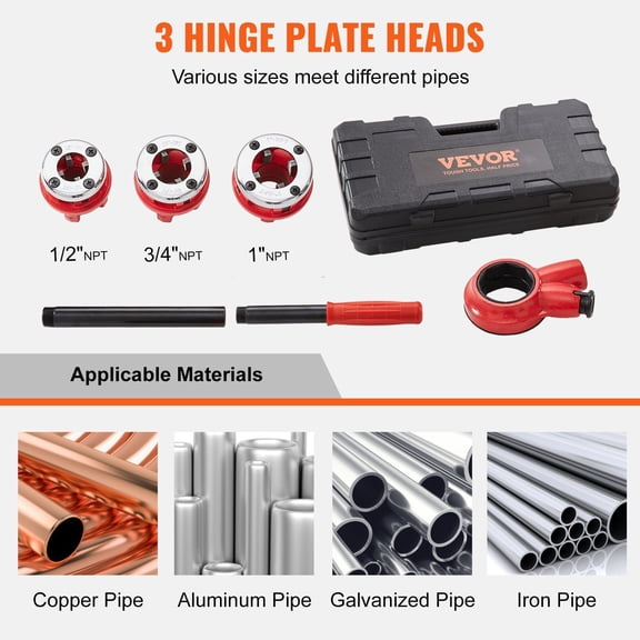 Ratchet Pipe Threader Kit,1/2"NPT,3/4"NPT,1"NPT Manual Ratcheting Pipe Threader,Portable Pipe Threading Tool Set with 3PCS NPT Dies,Storage Case for Galvanized Aluminum Iron Copper Pipes