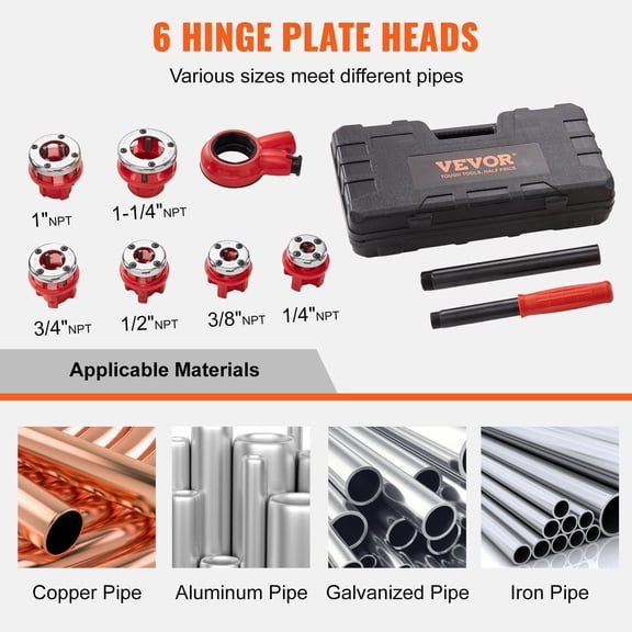 Ratchet Pipe Threader Kit,1/4"NPT - 1-1/4"NPT Manual Ratcheting Pipe Threader,Portable Pipe Threading Tool Set with 6PCS NPT Dies,Storage Case for Galvanized Aluminum Iron Copper Pipes