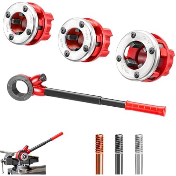 Ratchet Pipe Threader Kit with 3 Dies (1/2" 3/4" 1" NPT) and Storage Case, Effortless Pipe Threading Tool for Iron/Gas/Plastic/Aluminum Plumbing, Portable Set for Repair and Installation