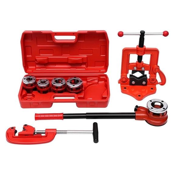 Ratchet Pipe Threader Kit, Manual 1-1/4" BSPT Pipe Threading Tool with Cutter & Vise, 5 Dies 3/8" to 1", Galvanized Iron & Plastic Pipe
