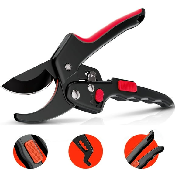 Ratchet Pruning Shears for Gardening Heavy Duty - Increases Cutting Power 3x - Perfect Ratchet Pruners for Weak Hands & Arthriti (Red,20cm-24.9cm)
