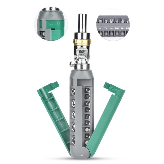 Ratchet Screwdriver Set 14 in 1 with Kit, Multifunction Hand Tool with 180 Degree Rotation and Three-Way Ratchet Design for Auto Repair(Green)
