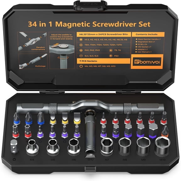 Ratchet Screwdriver Set, 34 in 1 Magnetic Screwdriver Set with 1/4" Socket Adapter, 24 Bits & 7 Hex Sockets, Modular Handle, DIY Tool Kit for Furniture, Appliance, Auto Repair