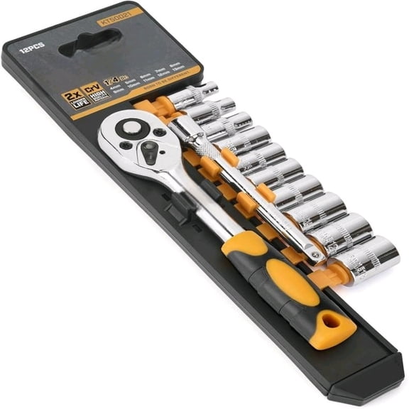 Ratchet Socket Wrench Set Metric, 12PCS Drive Mini Socket Kit with CR-V Steel Sockets (413mm) 1/4 Inch, Quick-Release Reversible Ratchet and Extension Bar for Automotive, DIY and Home Repair