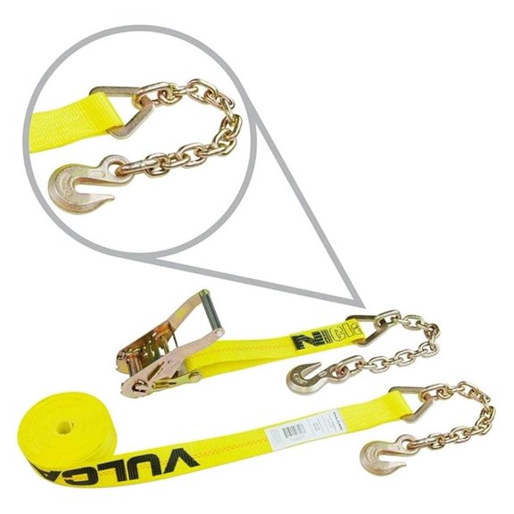 Ratchet Strap with Chain Anchors - Classic Yellow - 2 Inch x 27 Foot - Case of 3-3,600 Pound Safe Working Load