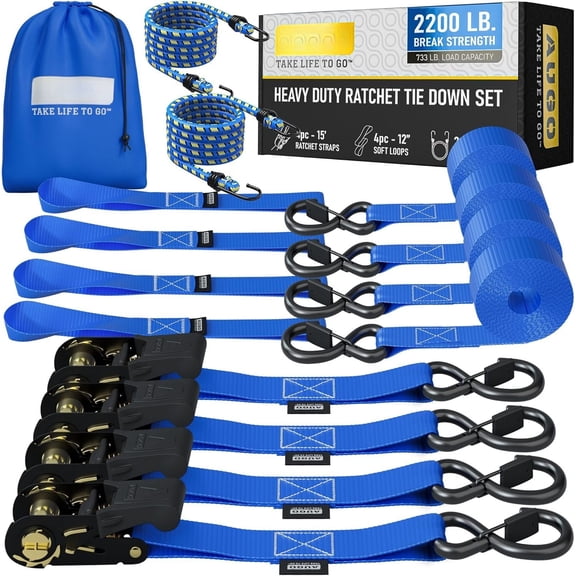 Ratchet Straps 4 -15 FT - 2200 LB Break Strength - with Safety Lock S Hooks - Cargo Straps for Moving, Appliances, - Soft Loop Tie Down Straps