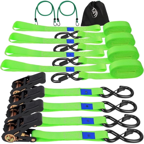 Ratchet Straps 4 Pack - 2,200 Lbs Break Strength 1 in x 15 Ft Medium Duty Ratchet Tie Down Straps with S Hooks Set for , Cargo Van, Trailer, (Green)