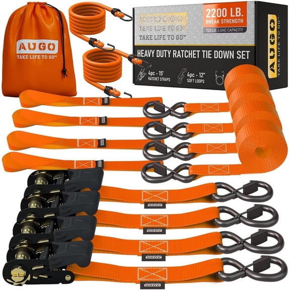 Ratchet Straps 4 -15 FT - 2200 LB Break Strength - Ratchet Tie Down Straps with Safety Lock S Hooks - Cargo Straps for Moving, Appliances, - Soft Loop Tie Down Straps