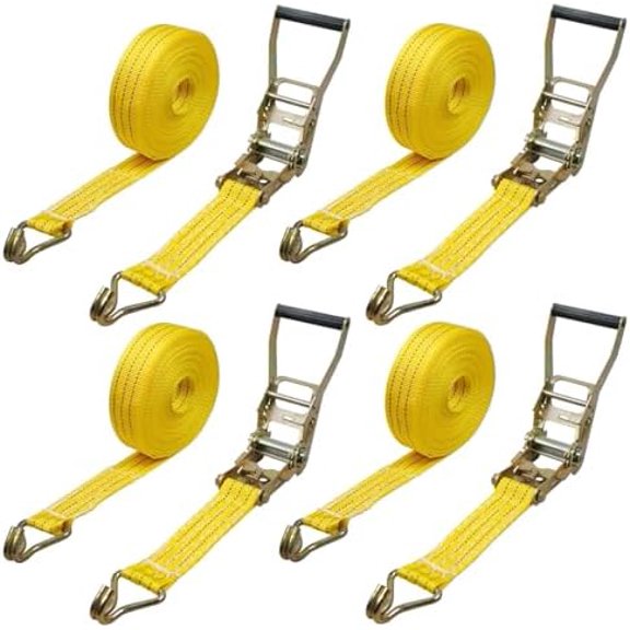 Ratchet Straps Heavy Duty, 8000 LBS Break Strength Ratchet Strap Tie Down, 2 x 27ft Black Tie-Down Ratcheting Cargo Truck Straps with Durable Double J Hook for for Truck (Yellow, 2IN X 27FT X 4PACK)